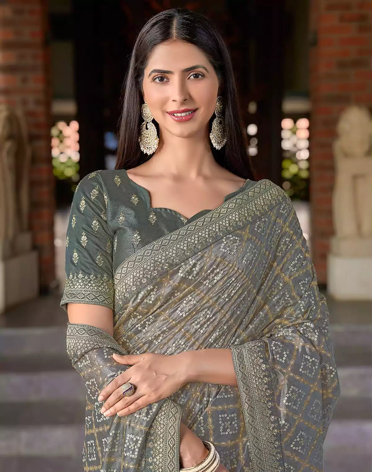 Image of Grey Bandhini Print Soft Dola Silk Saree with work Blouse