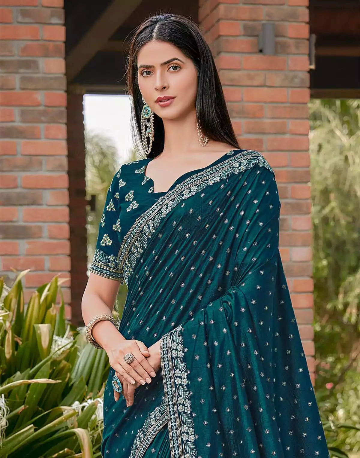 Image of Peacock Blue Floral Dola Silk Saree with work Blouse