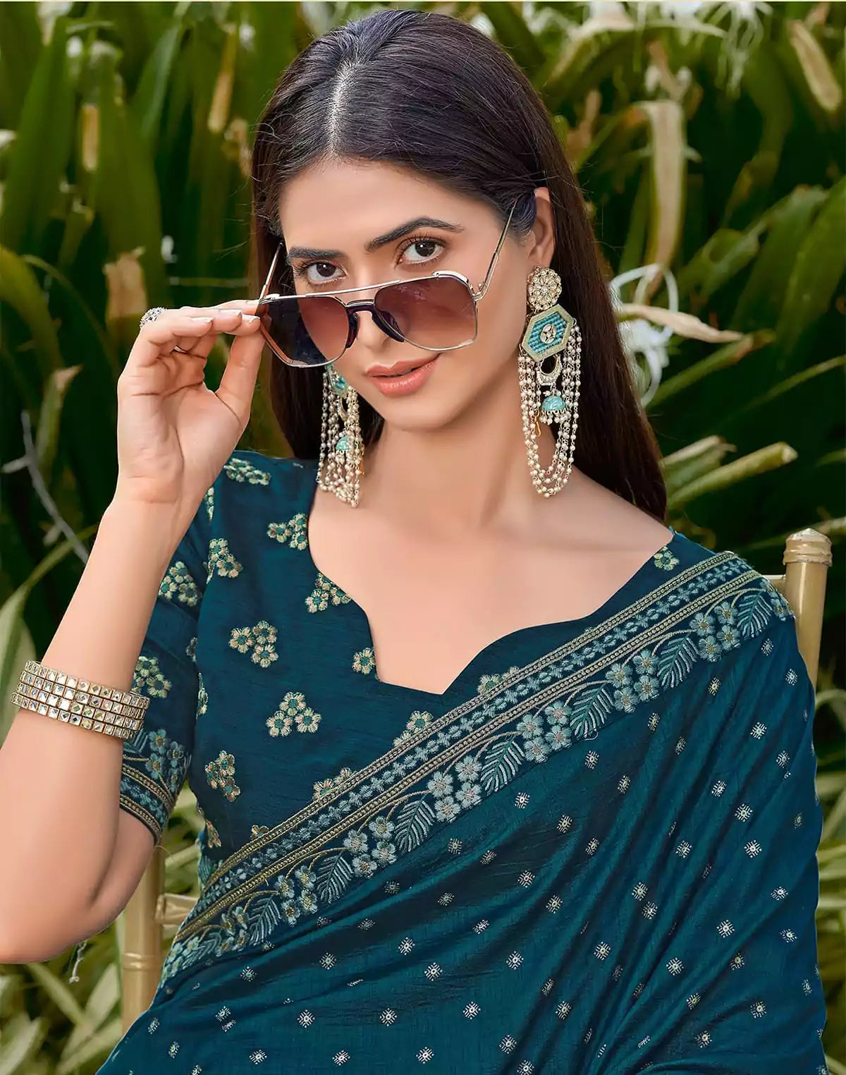 Image of Peacock Blue Floral Dola Silk Saree with work Blouse