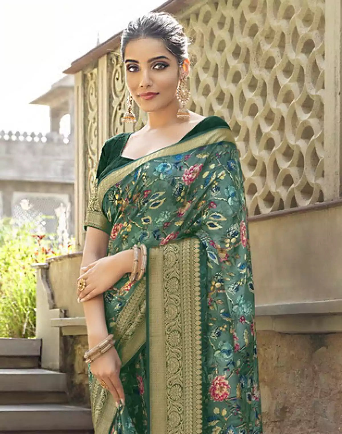 Image of Green Dola Silk full Digital Printed Party Wear Saree