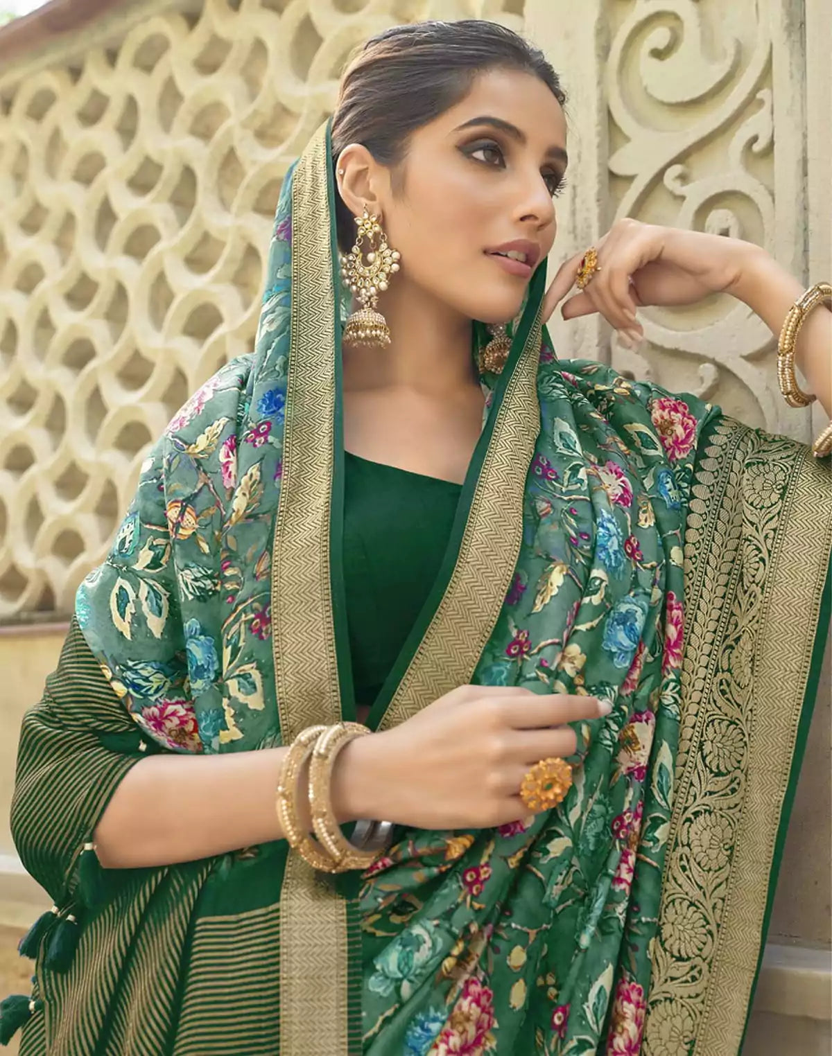 Image of Green Dola Silk full Digital Printed Party Wear Saree