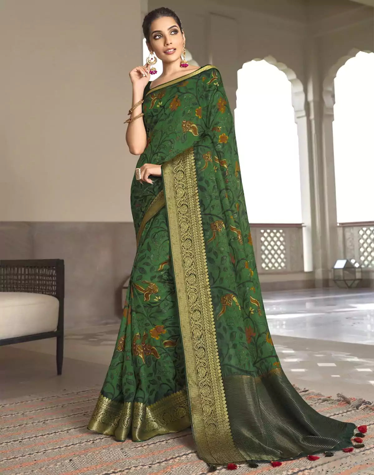 Image of Dark Green Soft Dola Silk with Digital Print work Saree