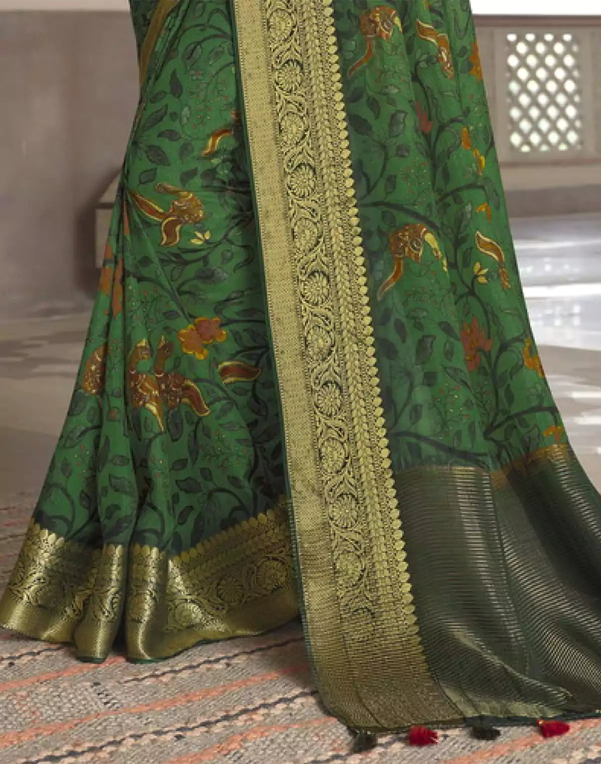Image of Dark Green Soft Dola Silk with Digital Print work Saree