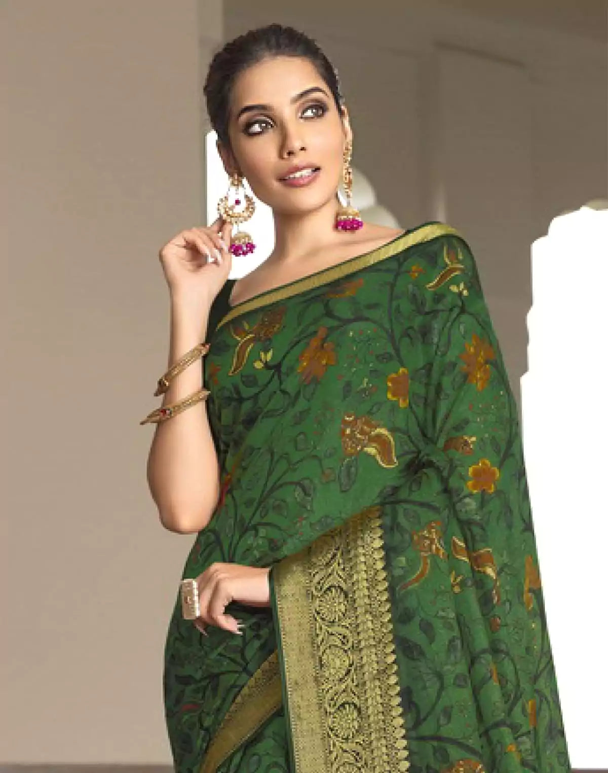 Image of Dark Green Soft Dola Silk with Digital Print work Saree