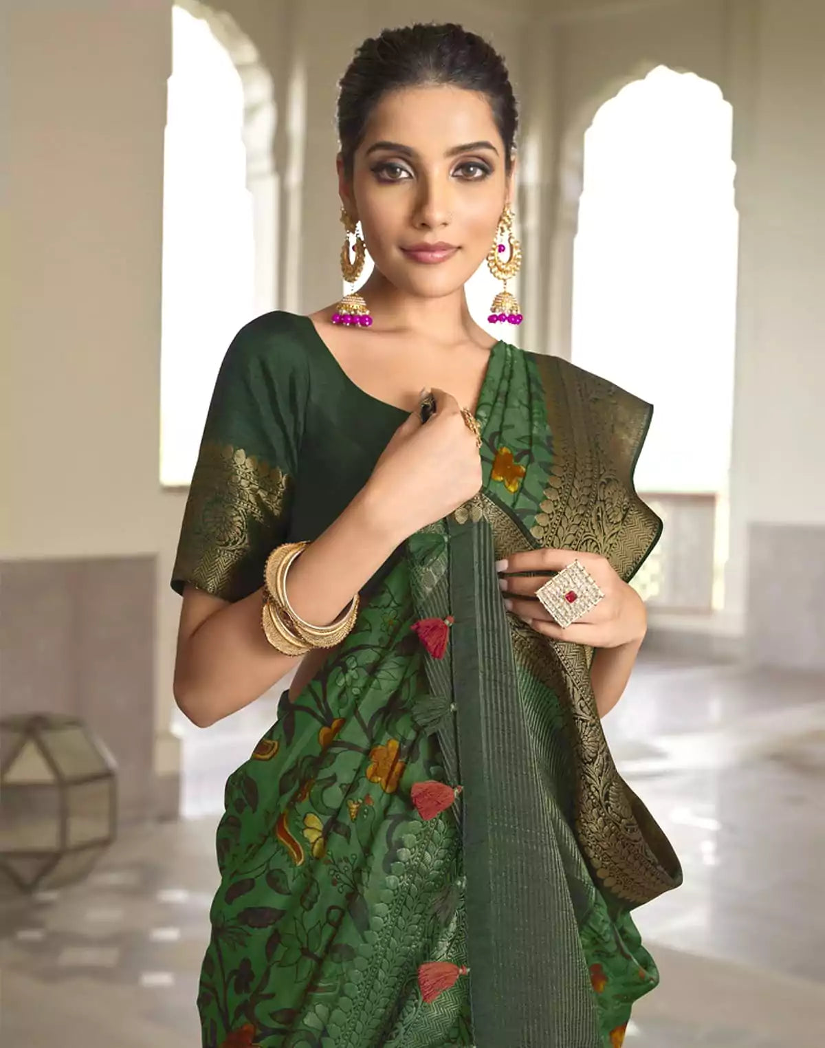 Image of Dark Green Soft Dola Silk with Digital Print work Saree