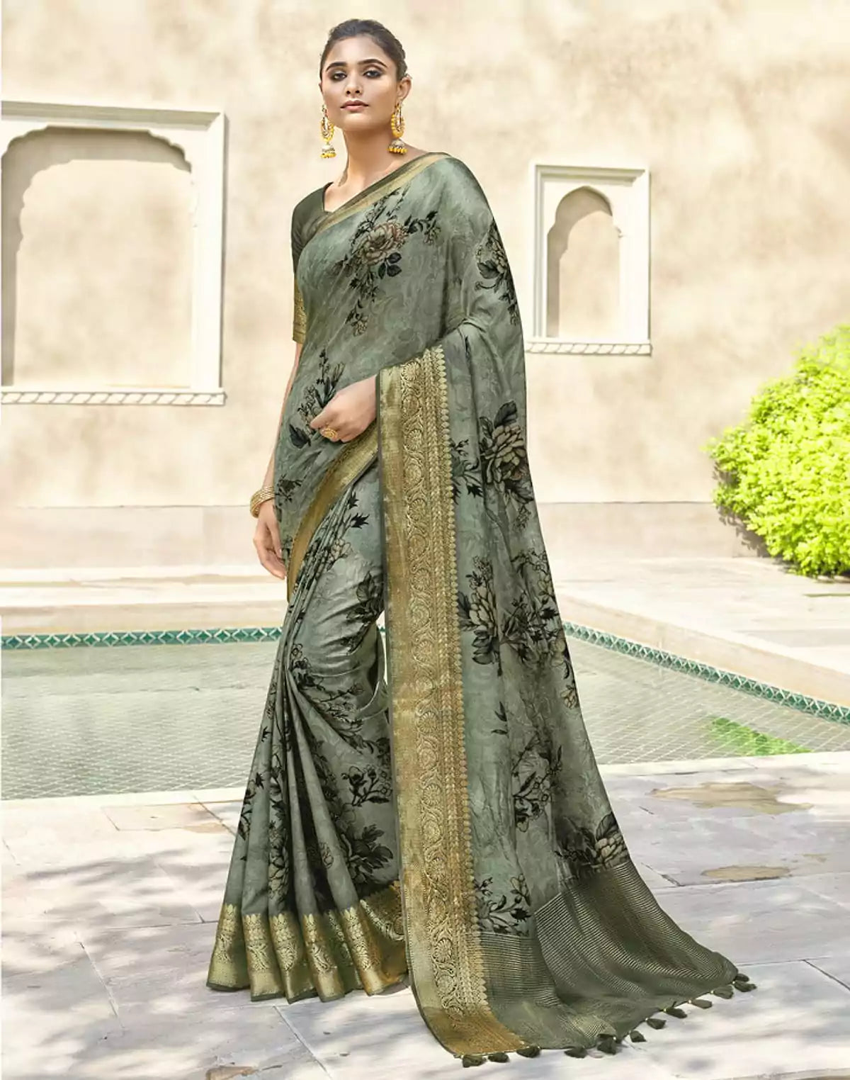 Image of Light Mehendi Dola Silk Digital Print Saree