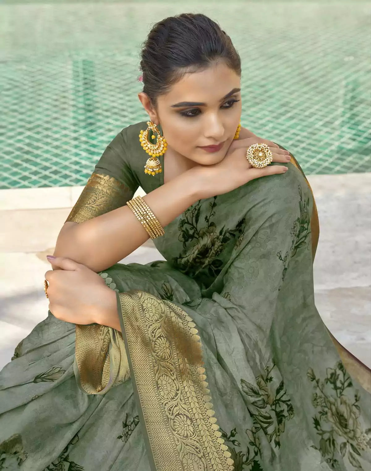 Image of Light Mehendi Dola Silk Digital Print Saree