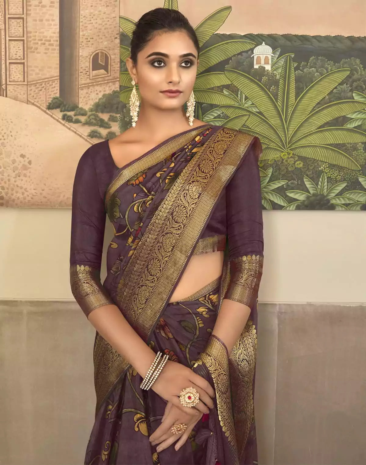 Image of Soft Dola Silk and Kalamkari Printed work Saree