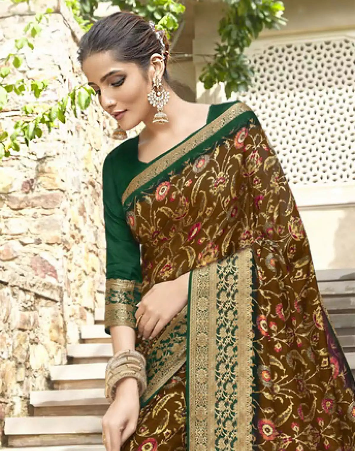 Image of Brown Floral Dola Silk Saree with contrast Blouse