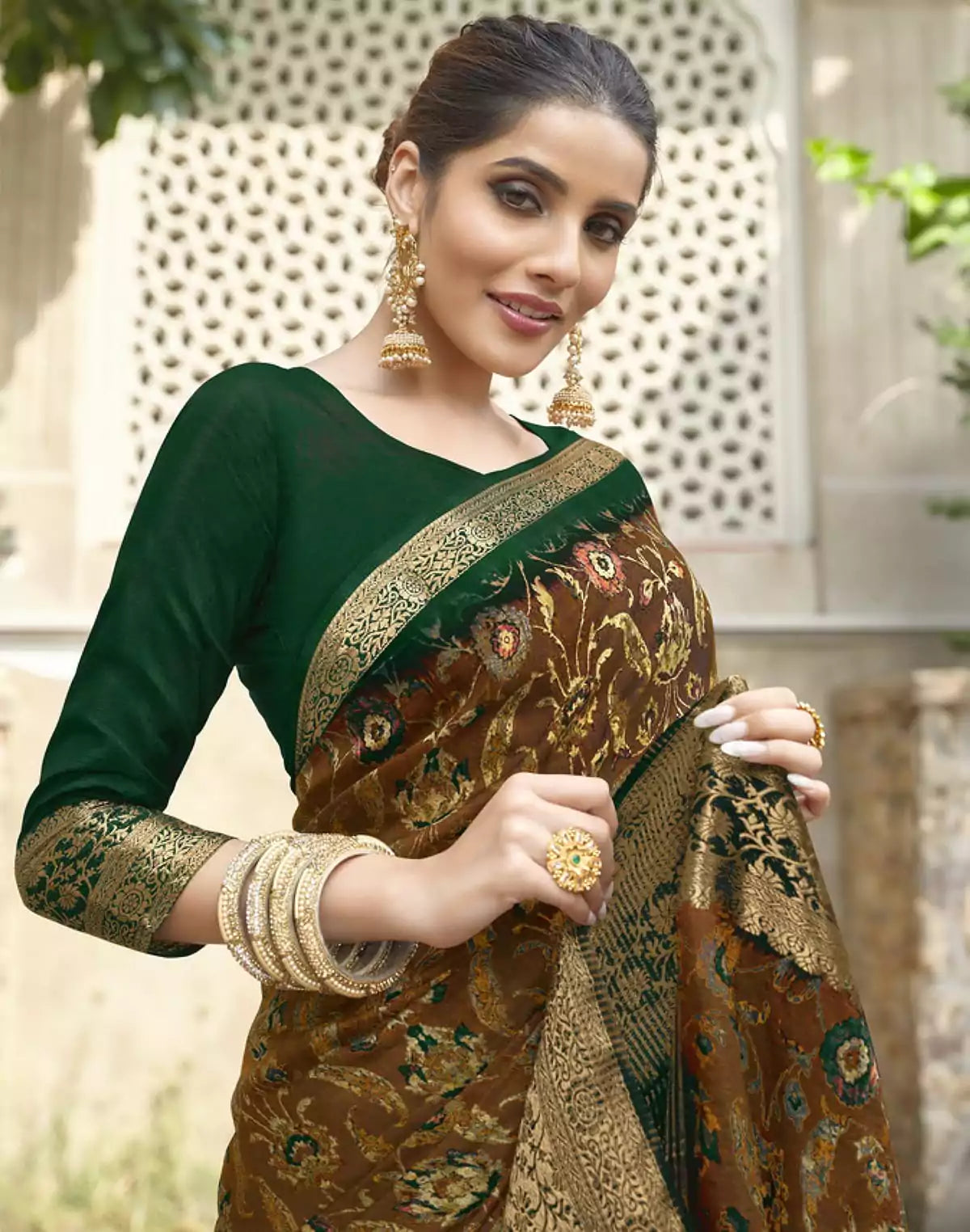 Image of Brown Floral Dola Silk Saree with contrast Blouse