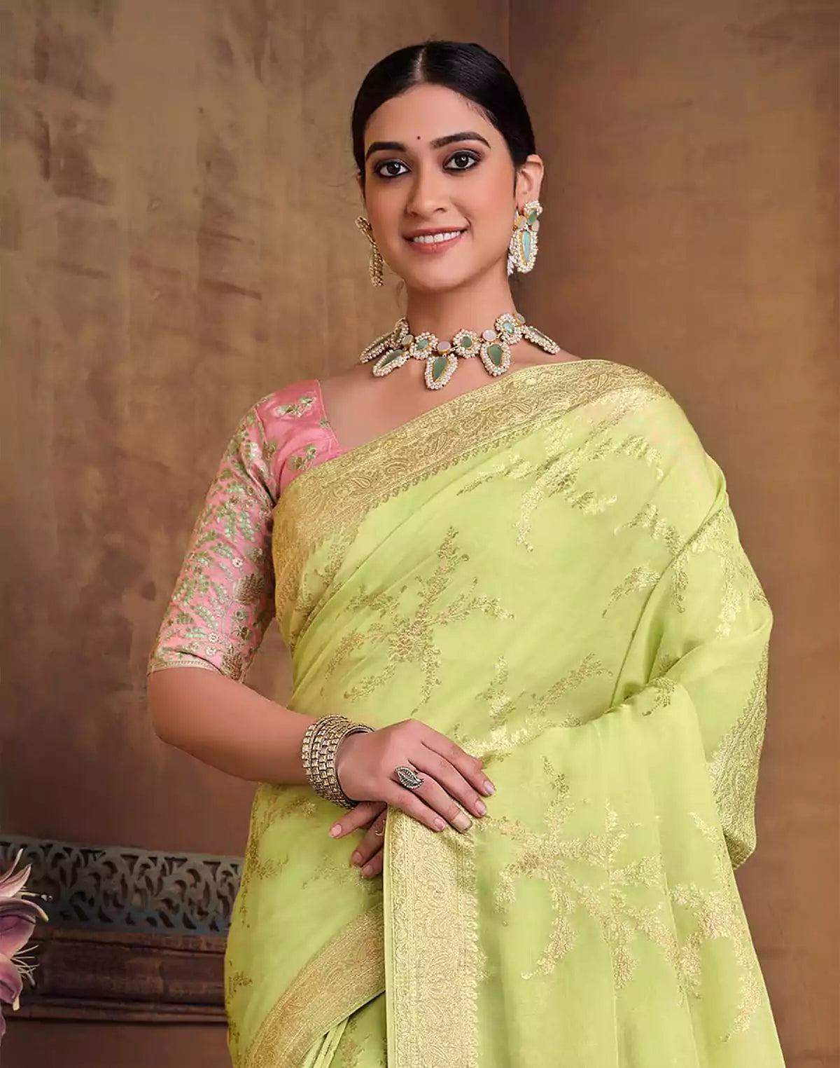 Image of Elegant Light Green Dola Silk Saree