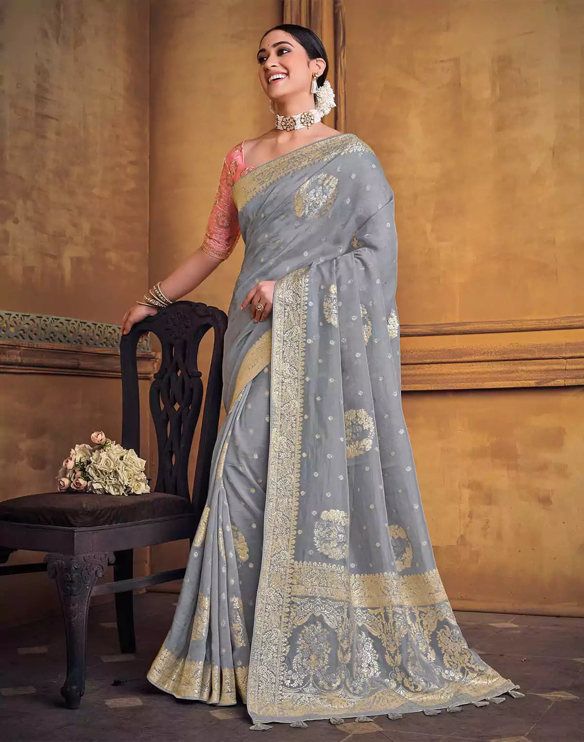 Image of Grey and Pink Soft Dola Silk Saree