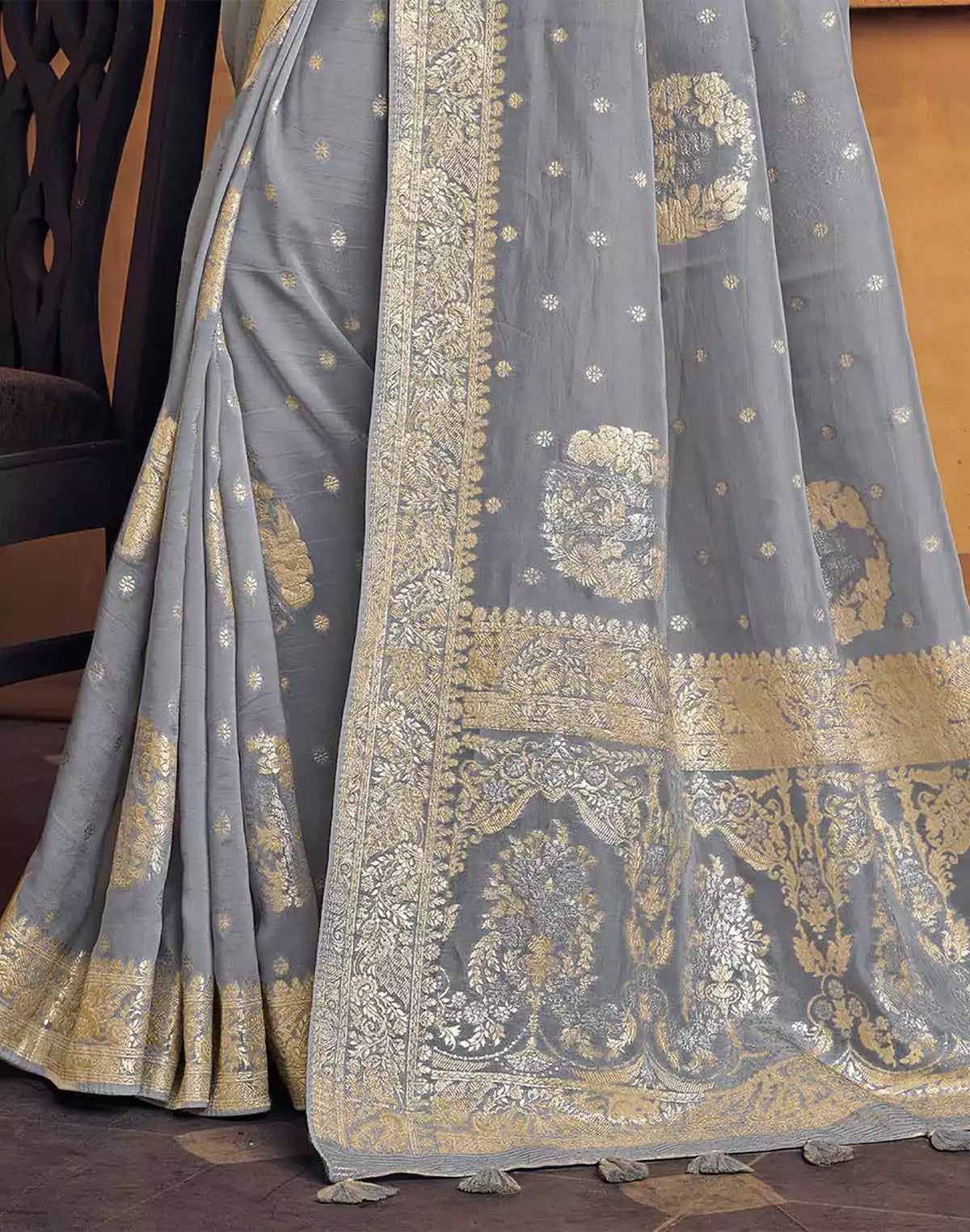 Image of Grey and Pink Soft Dola Silk Saree