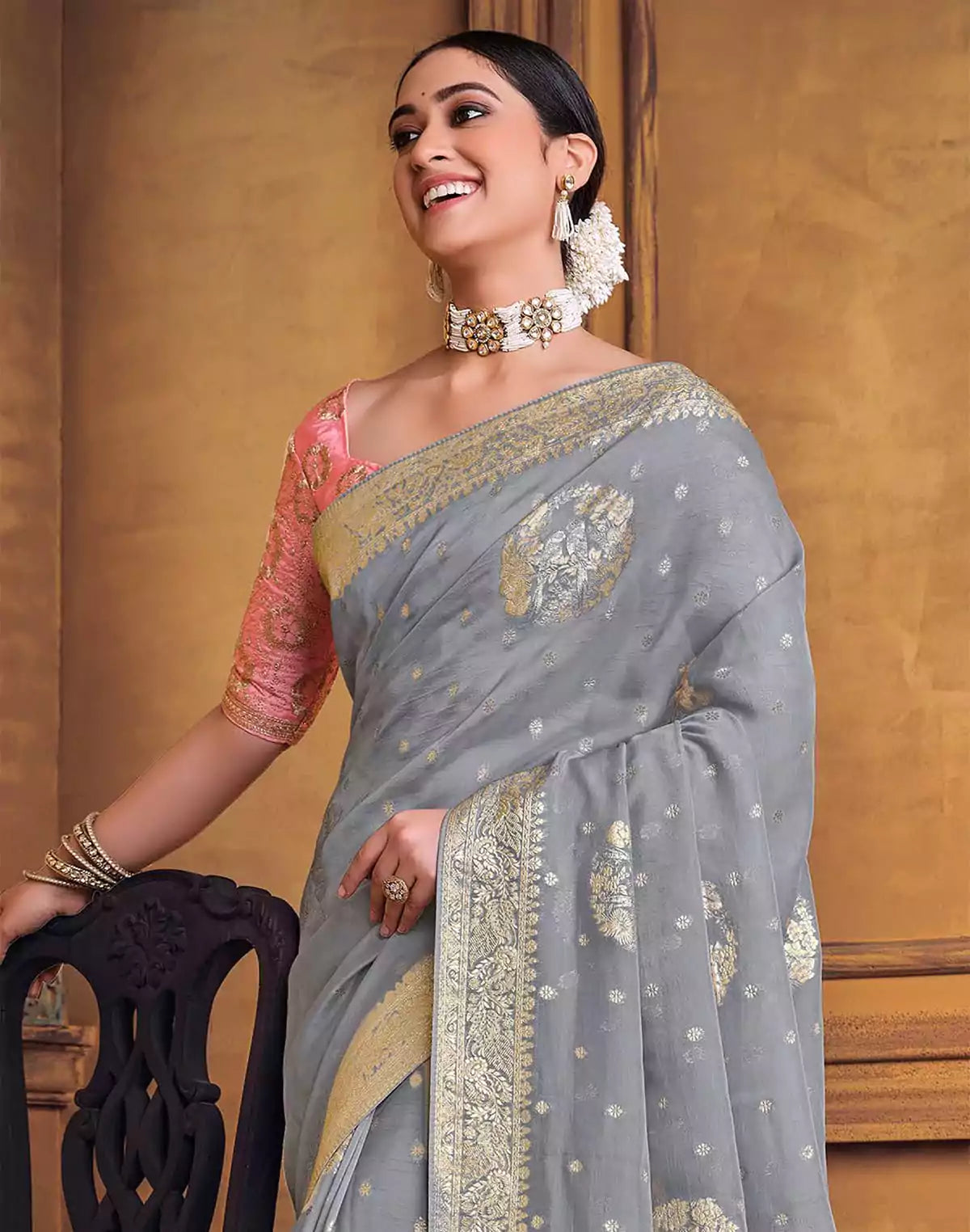 Image of Grey and Pink Soft Dola Silk Saree
