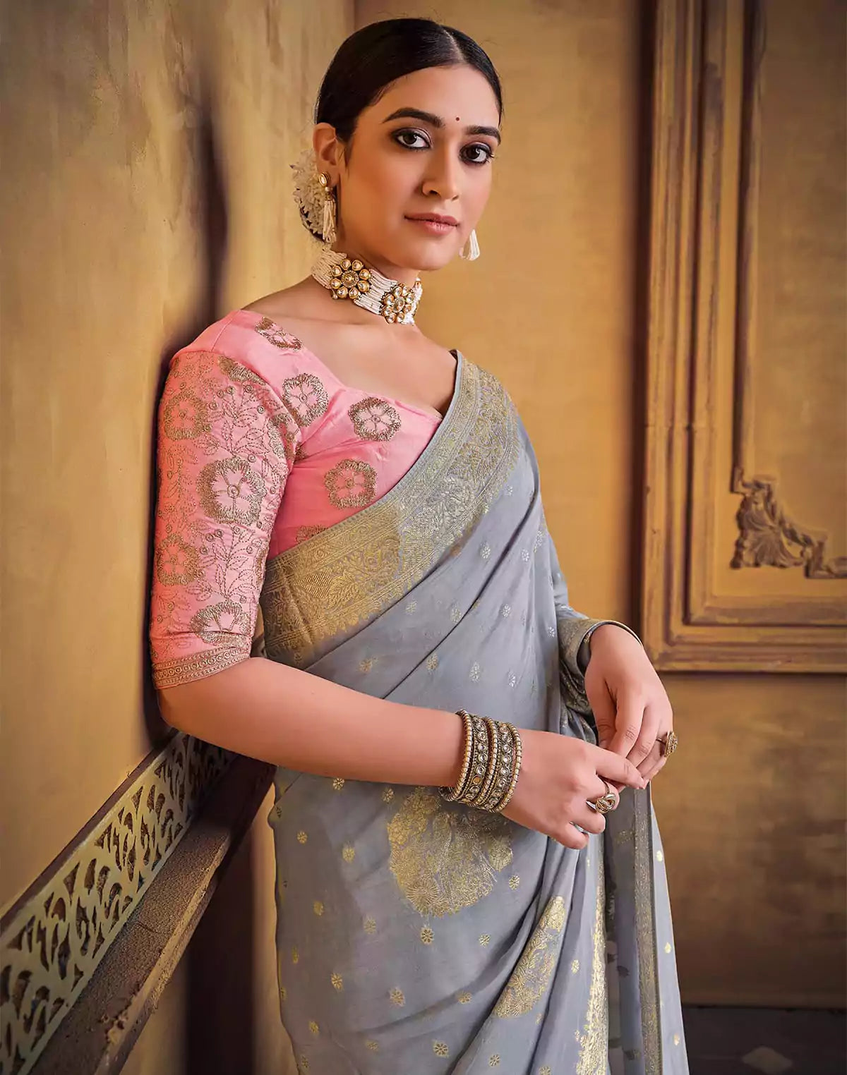 Image of Grey and Pink Soft Dola Silk Saree