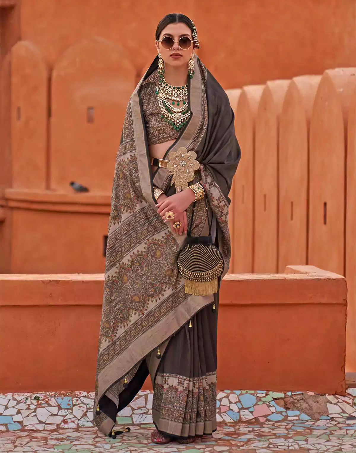 Image of Grey Digital Print Jute Silk Kalamkari Border Saree