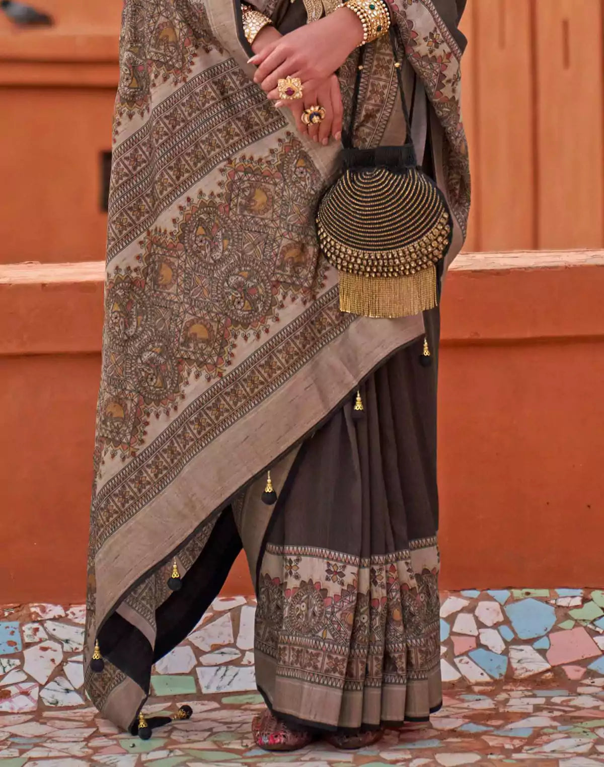 Image of Grey Digital Print Jute Silk Kalamkari Border Saree