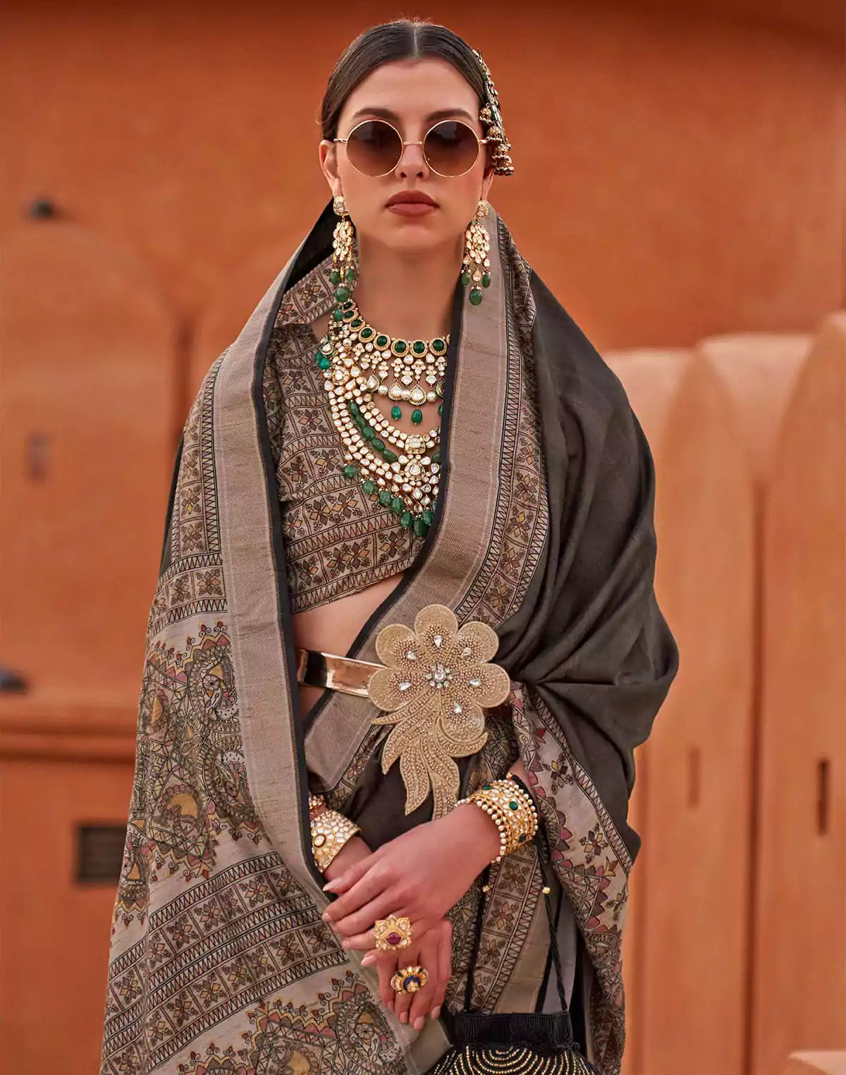 Image of Grey Digital Print Jute Silk Kalamkari Border Saree