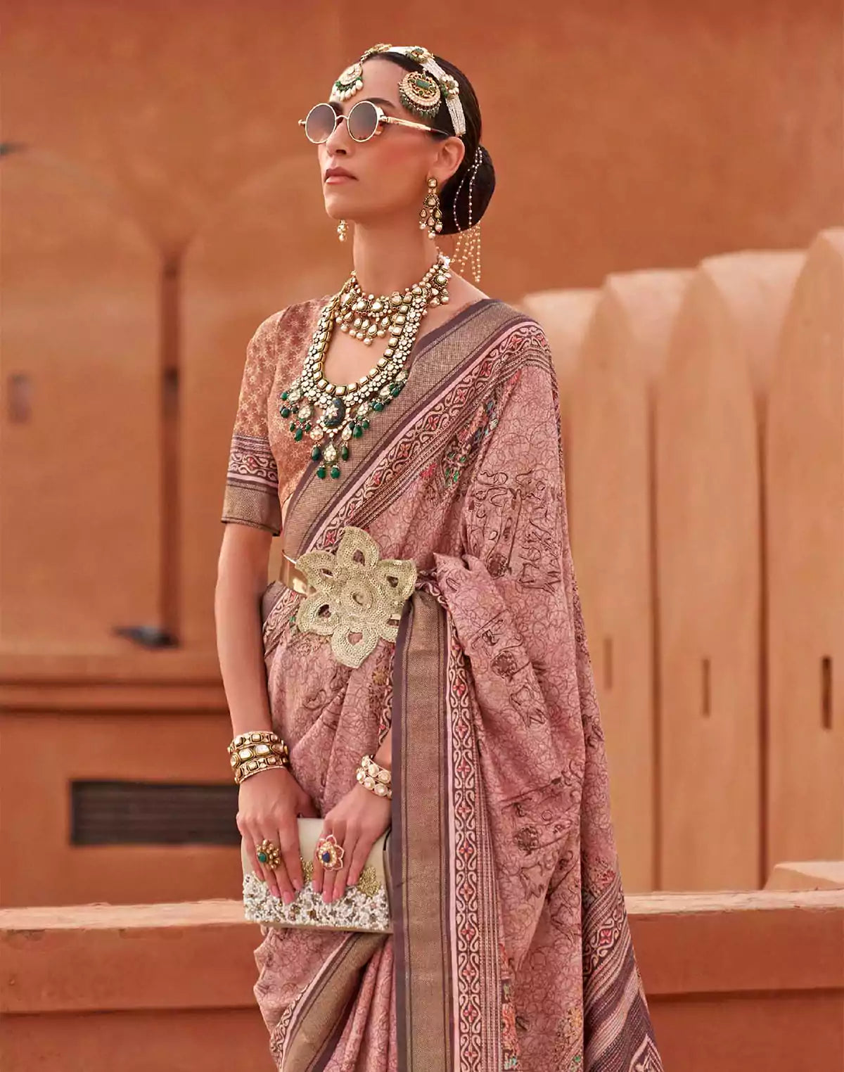 Image of Dusty Pink Graphic Print Jute Silk Khaddi Border Saree