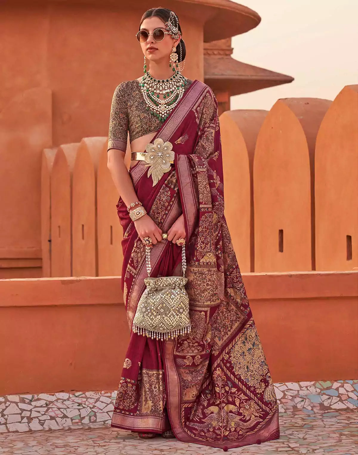 Image of Gorgeous Maroon Digital Print Jute Silk with Kalamkari Border