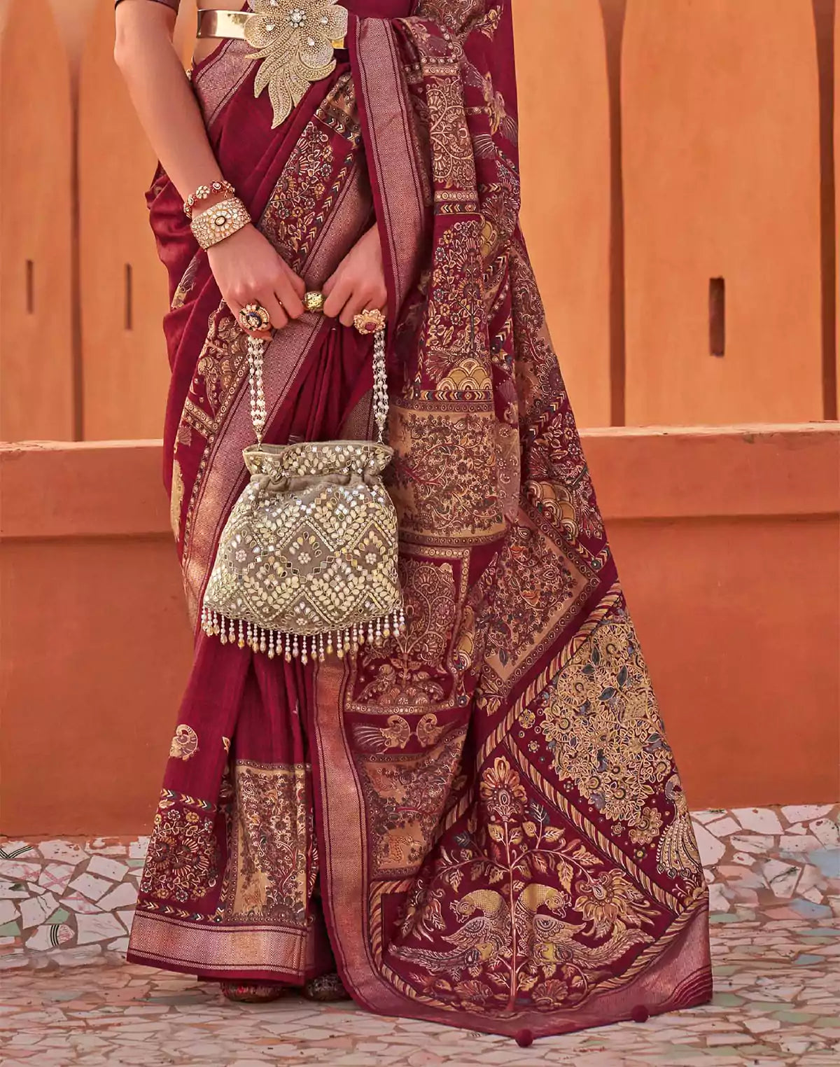 Image of Gorgeous Maroon Digital Print Jute Silk with Kalamkari Border