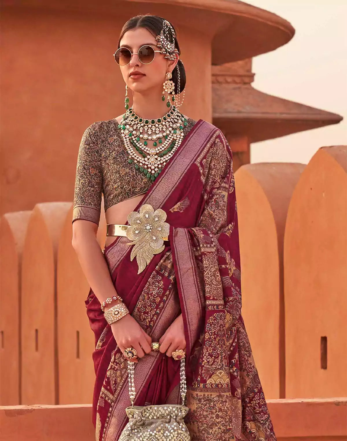 Image of Gorgeous Maroon Digital Print Jute Silk with Kalamkari Border