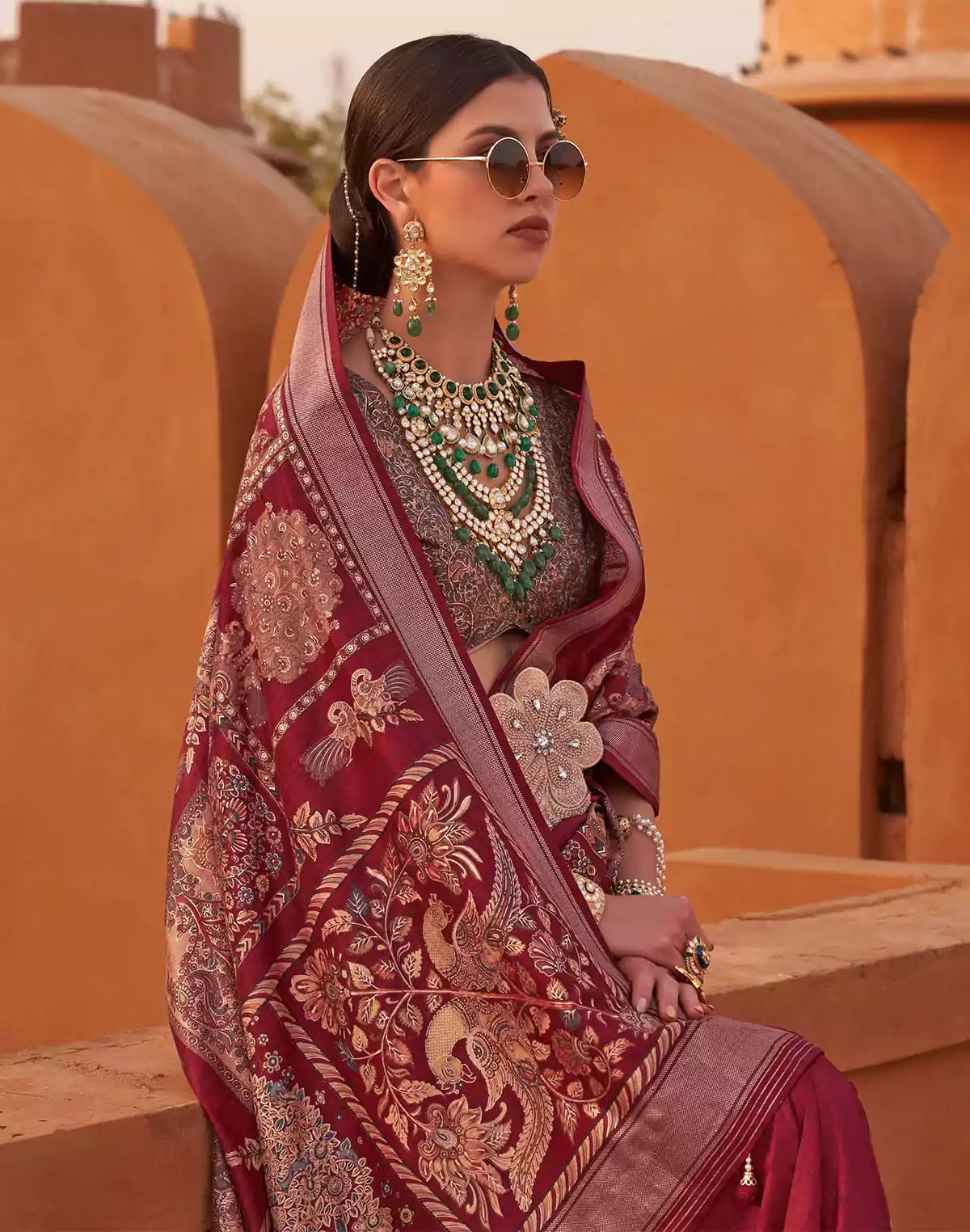 Image of Gorgeous Maroon Digital Print Jute Silk with Kalamkari Border