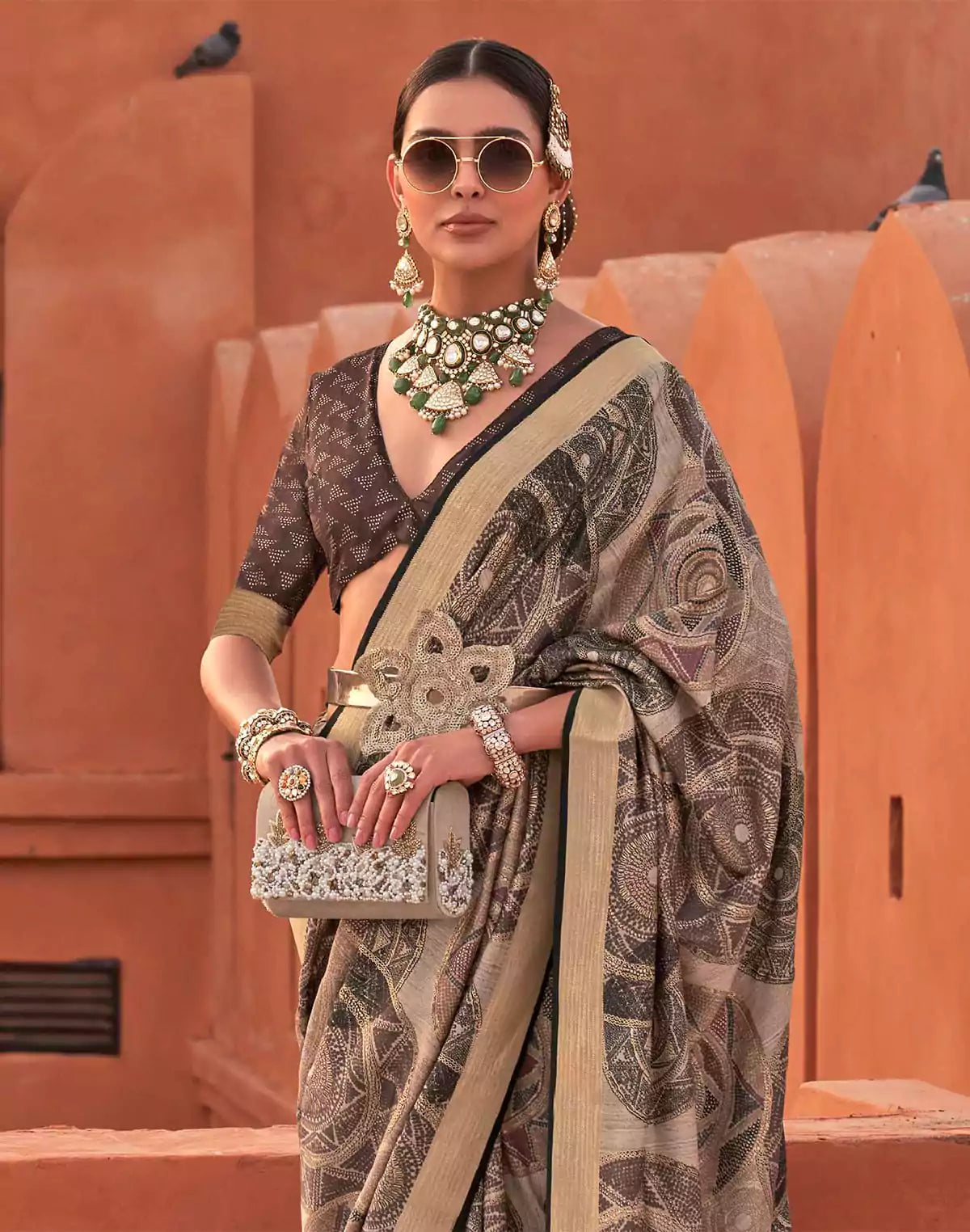 Image of Beige Color Graphic Printed Classic Jute Silk Saree