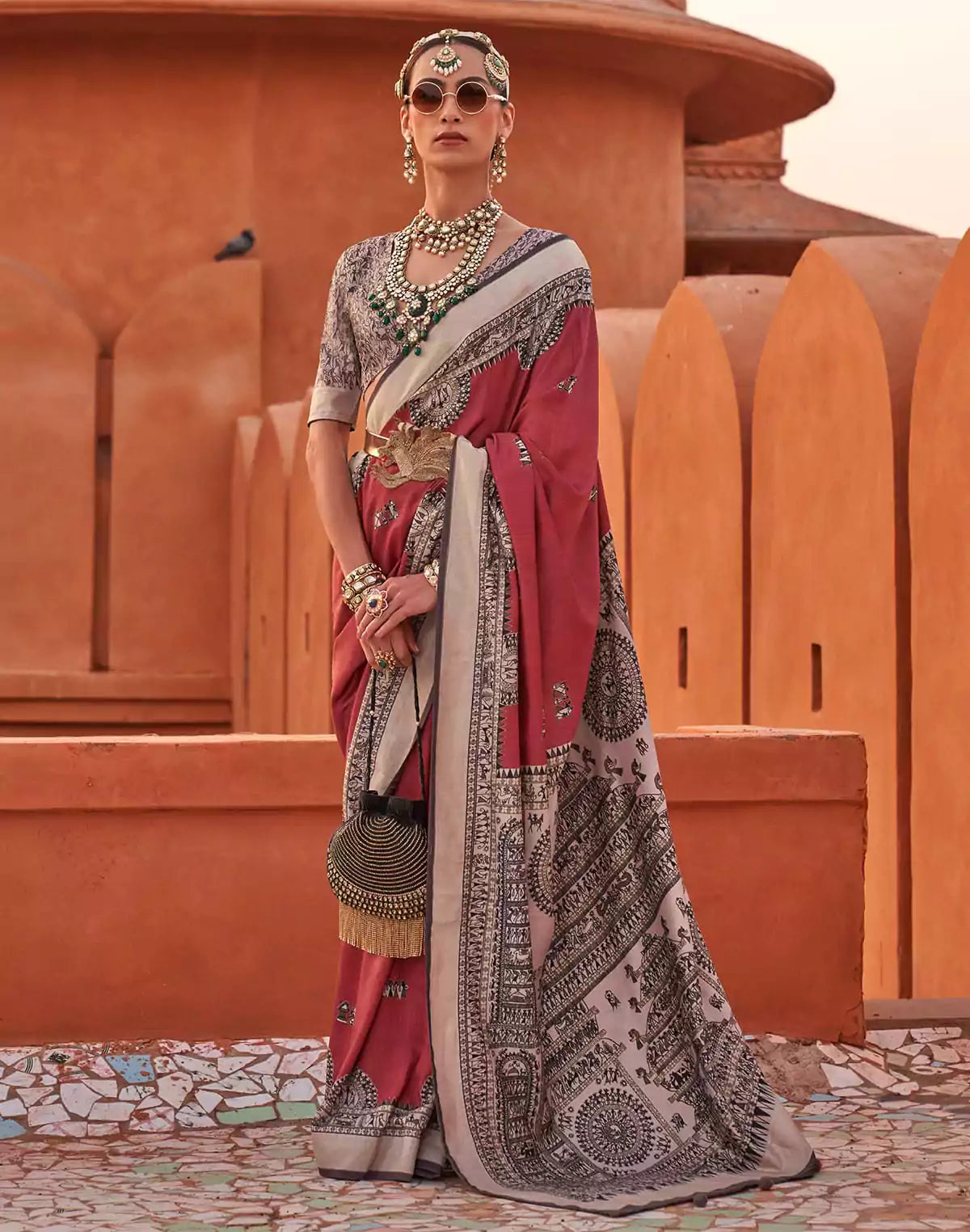 Image of Red Jute Silk Saree With Madhubani Boarder and Pallu