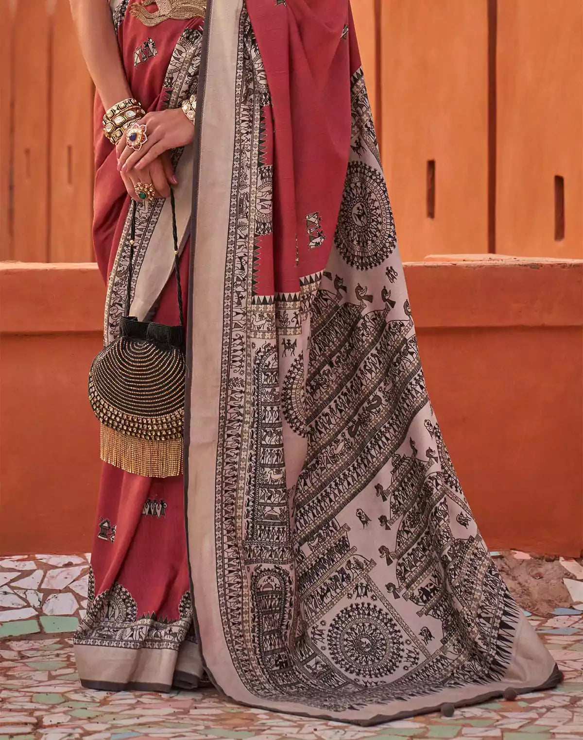 Image of Red Jute Silk Saree With Madhubani Boarder and Pallu