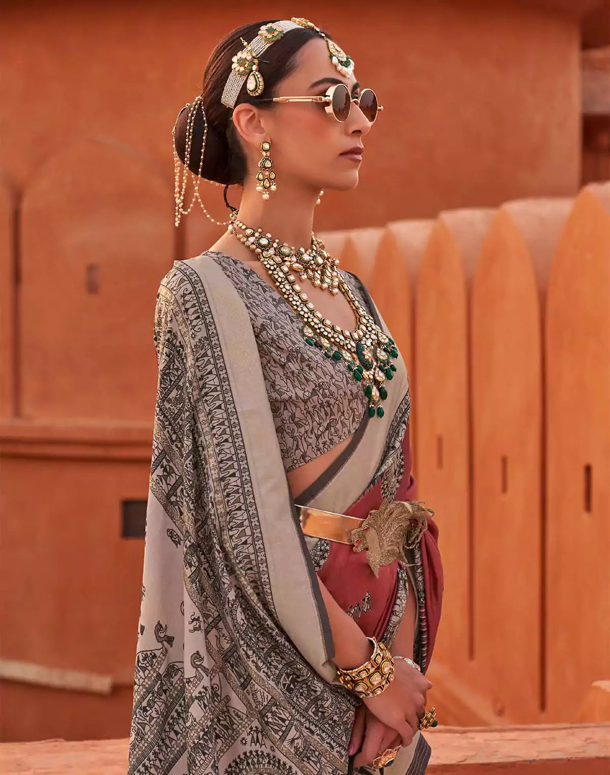 Image of Red Jute Silk Saree With Madhubani Boarder and Pallu