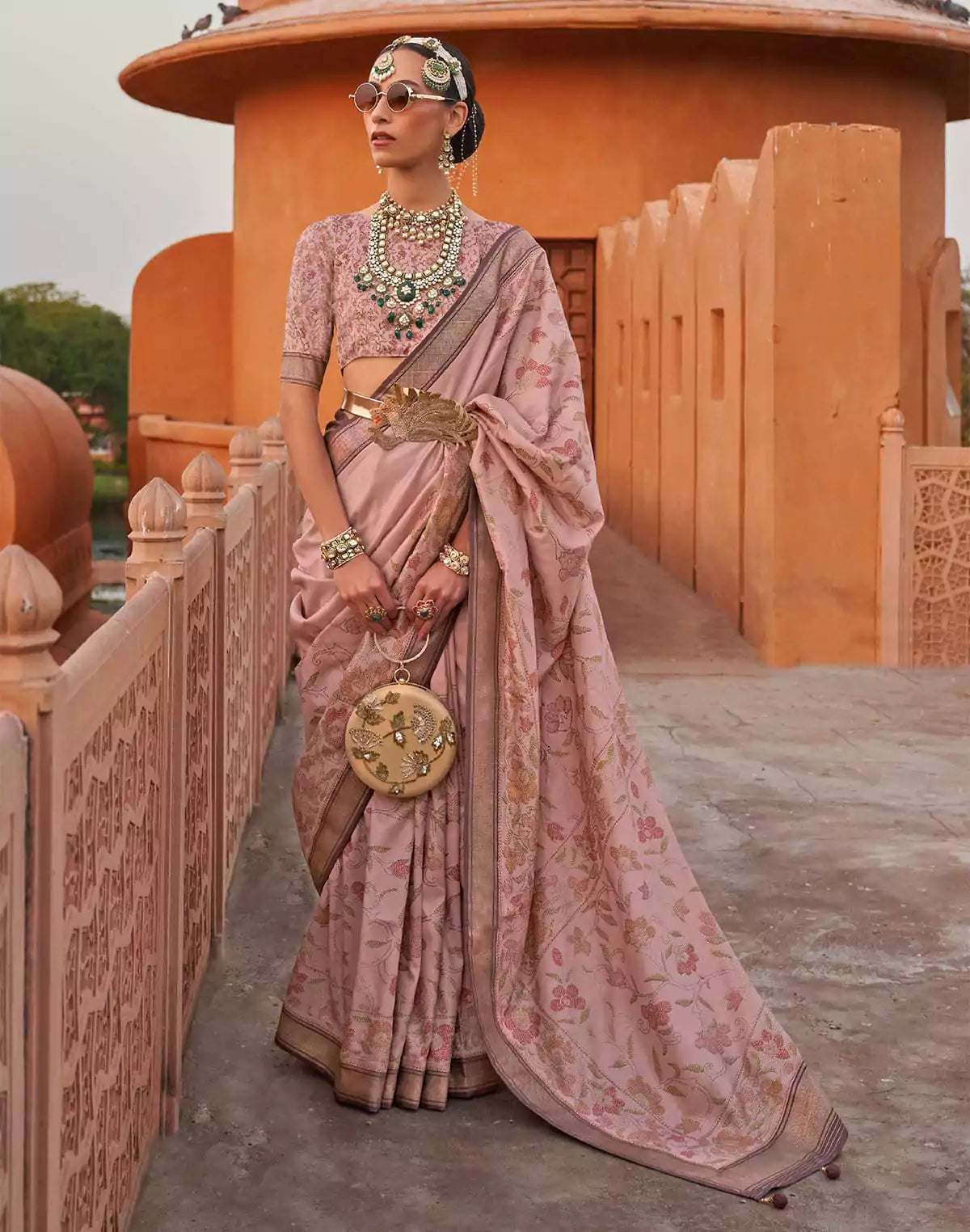 Image of Light Peach Color Floral Printed Classic Jute Silk Saree