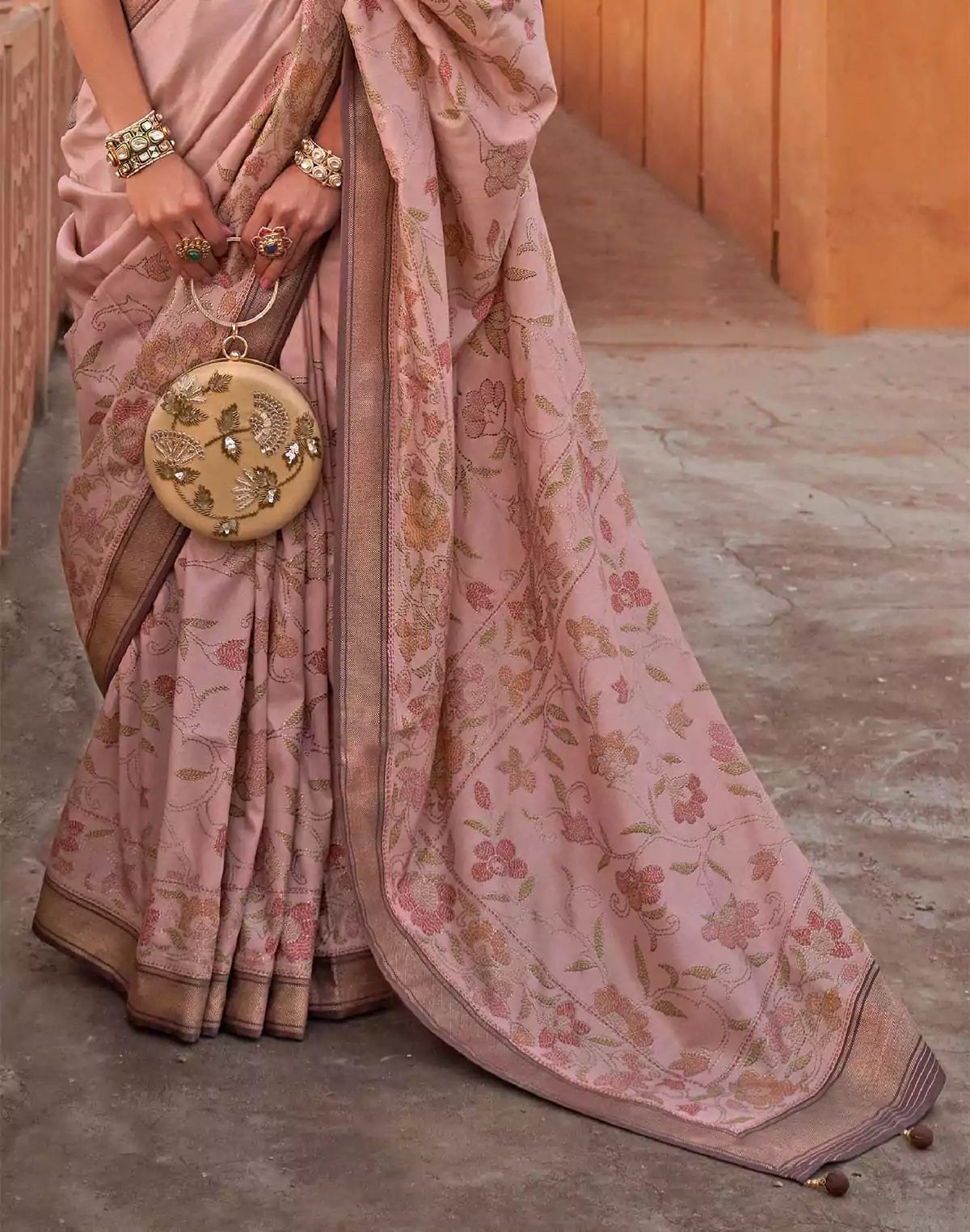 Image of Light Peach Color Floral Printed Classic Jute Silk Saree