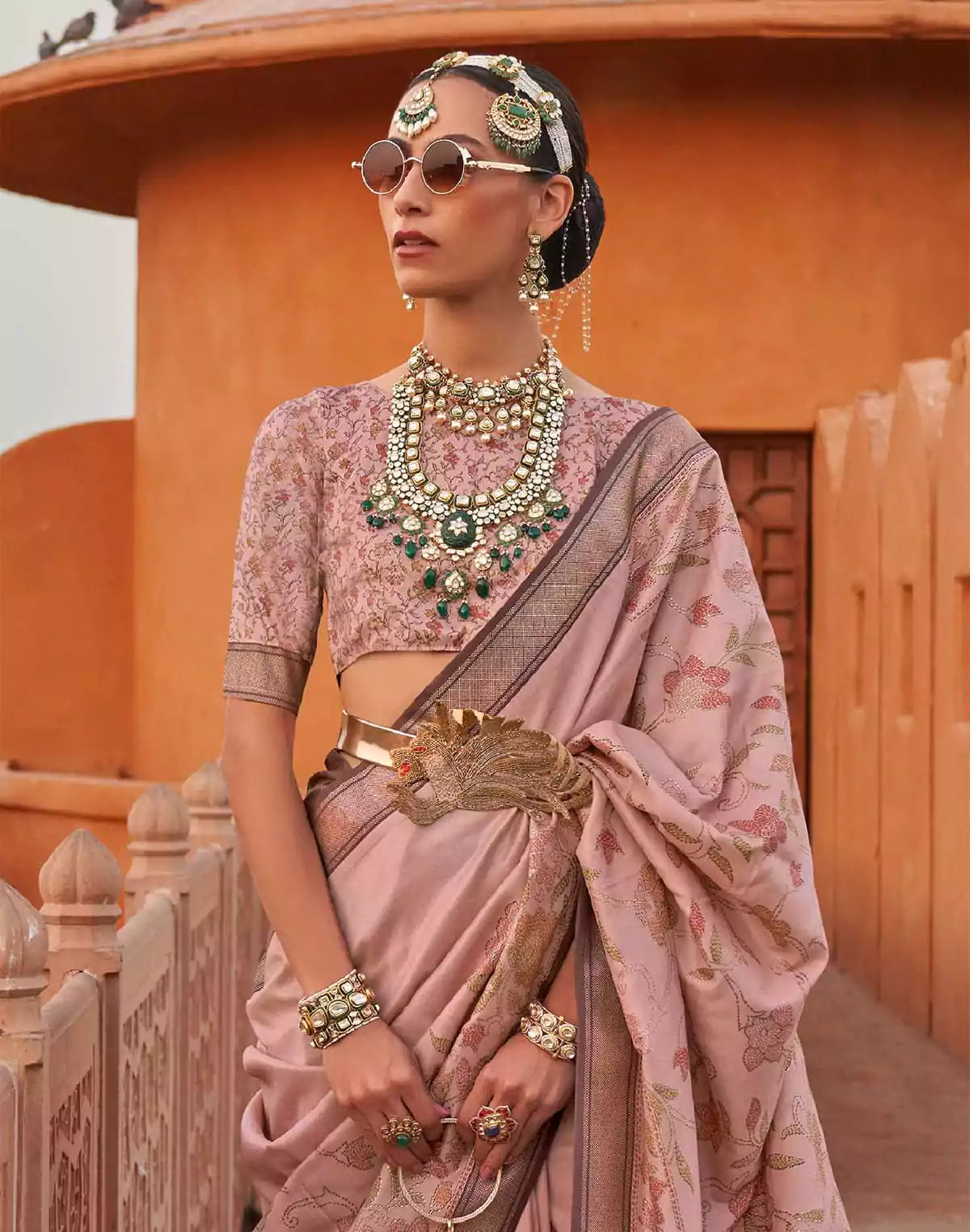 Image of Light Peach Color Floral Printed Classic Jute Silk Saree