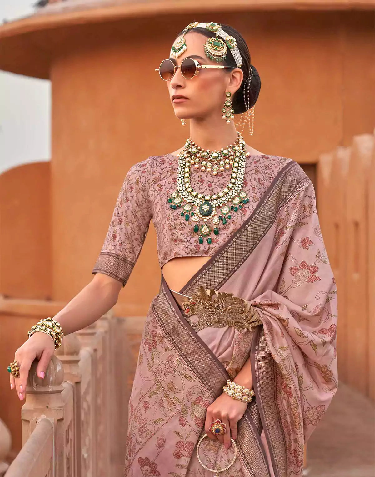 Image of Light Peach Color Floral Printed Classic Jute Silk Saree