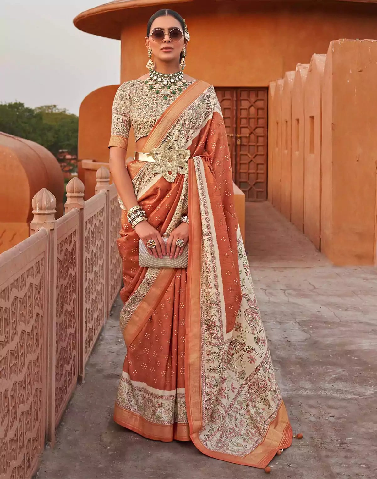 Image of Pretty Orange Designer Jute Silk Saree With Kalamkari Border and Pallu