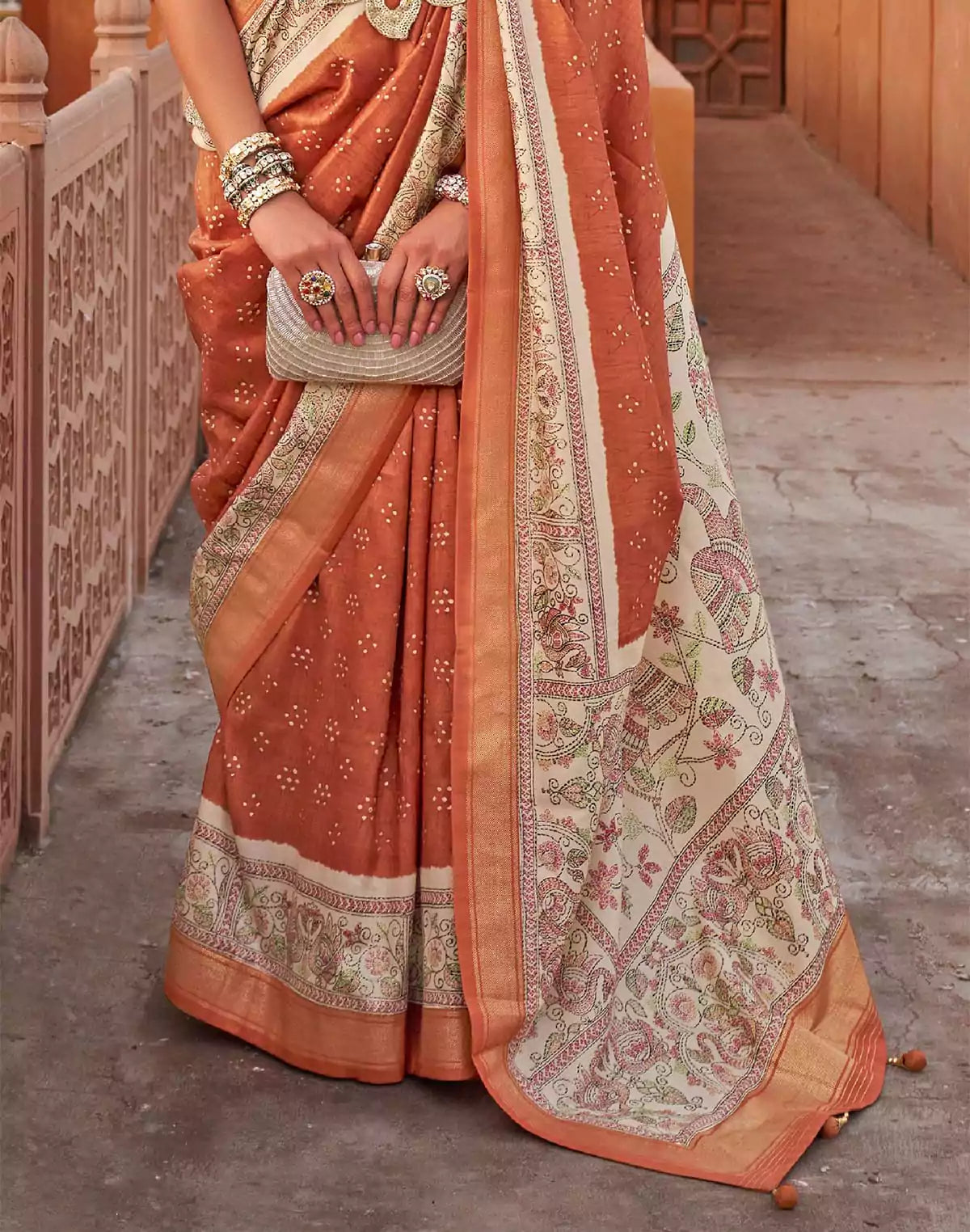 Image of Pretty Orange Designer Jute Silk Saree With Kalamkari Border and Pallu