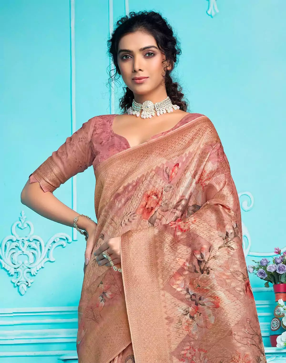 Image of Peachmode Digital Print with Zari Weaving Organza Saree