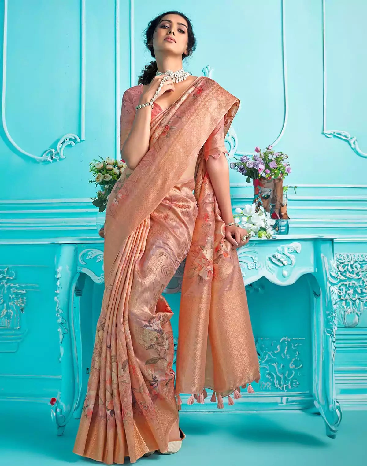 Image of Peachmode Digital Print with Zari Weaving Organza Saree