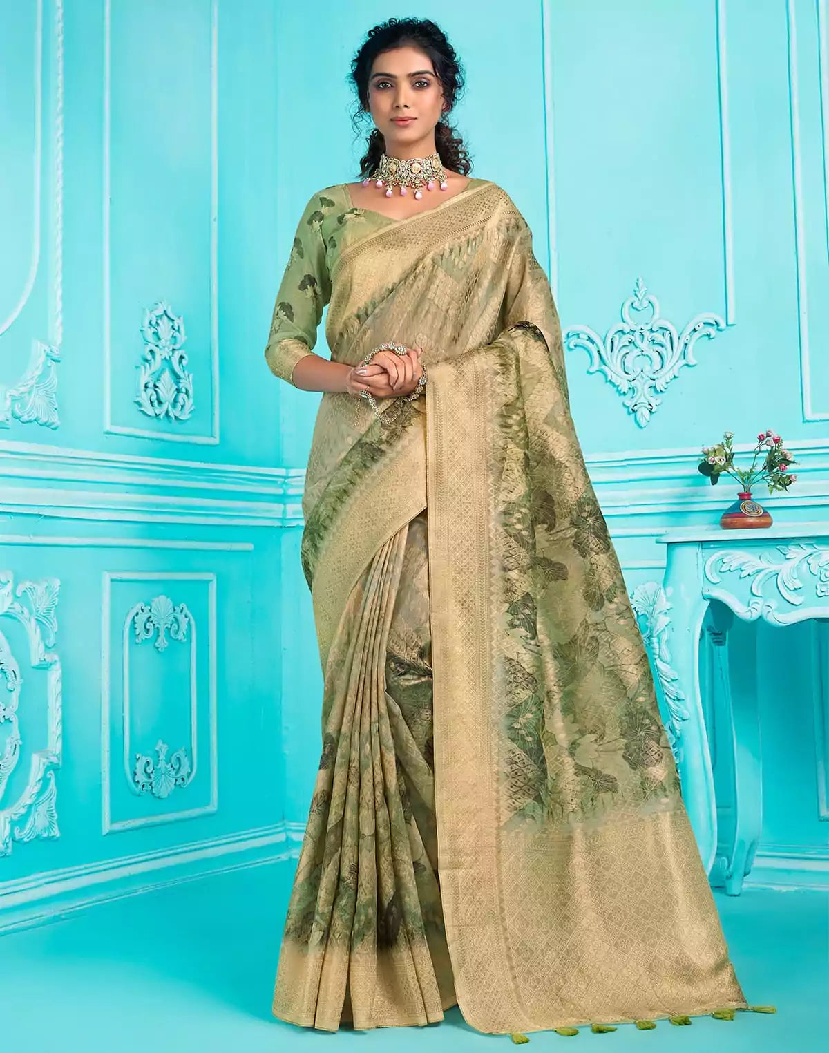 Image of Pista Green digital Print Zari weaving Organza Saree