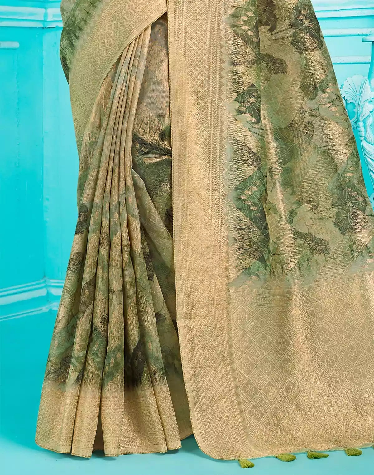 Image of Pista Green digital Print Zari weaving Organza Saree