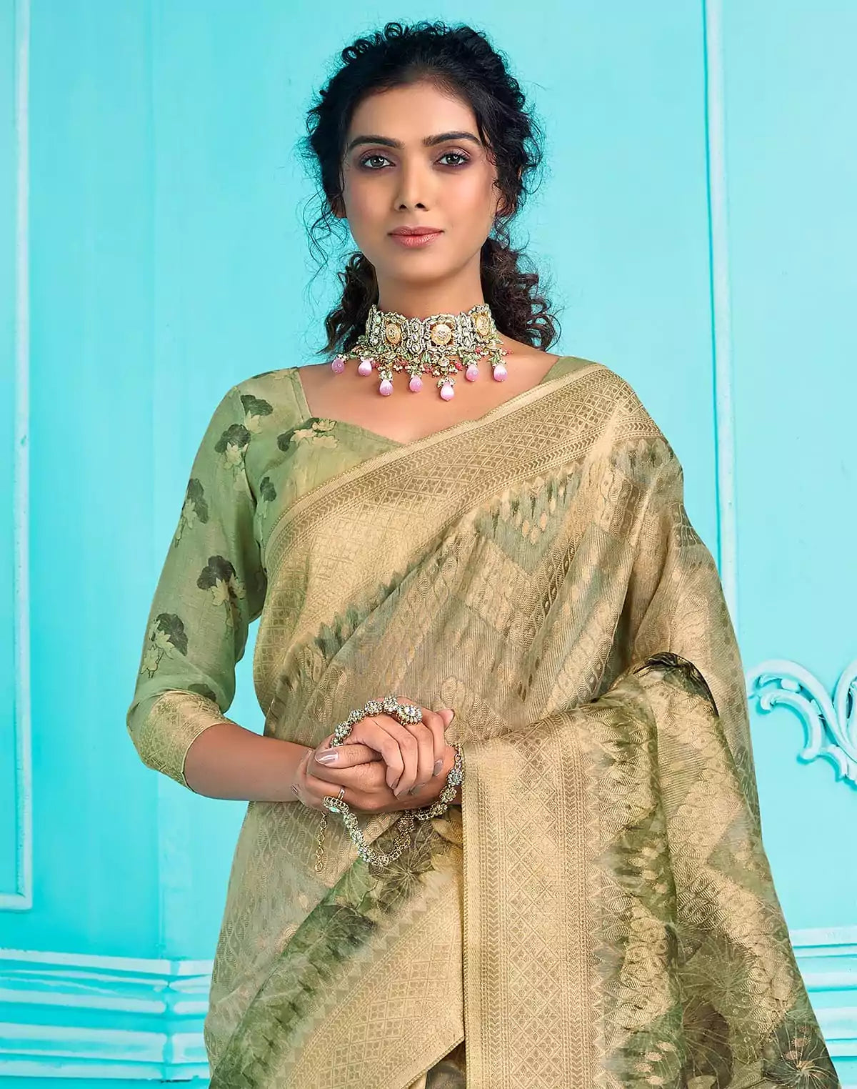 Image of Pista Green digital Print Zari weaving Organza Saree