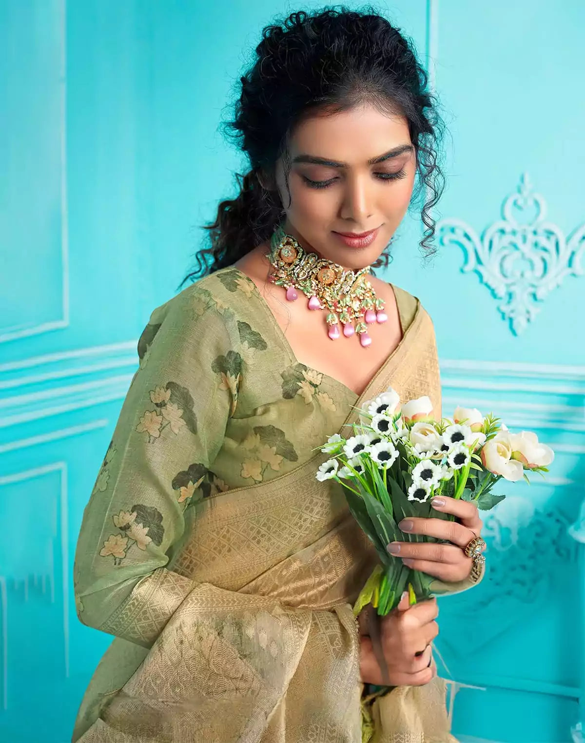 Image of Pista Green digital Print Zari weaving Organza Saree