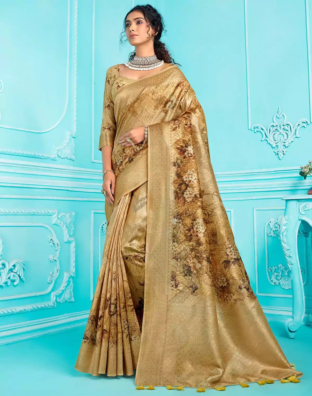 Image of Gold Organza digital Printed zari weaving Saree