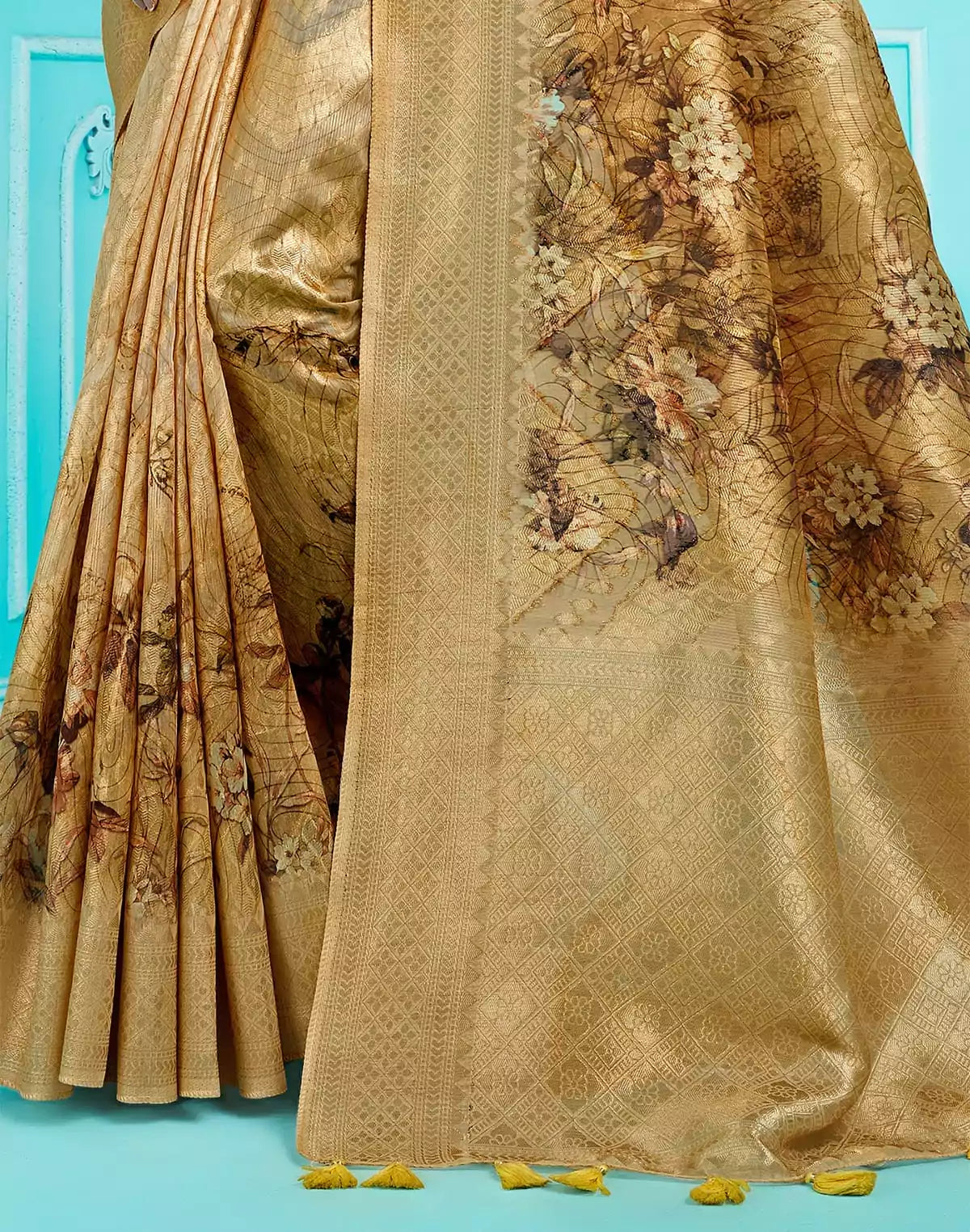 Image of Gold Organza digital Printed zari weaving Saree