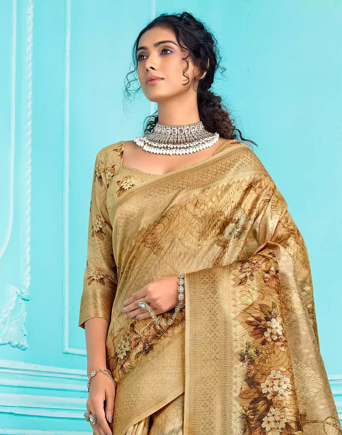 Image of Gold Organza digital Printed zari weaving Saree