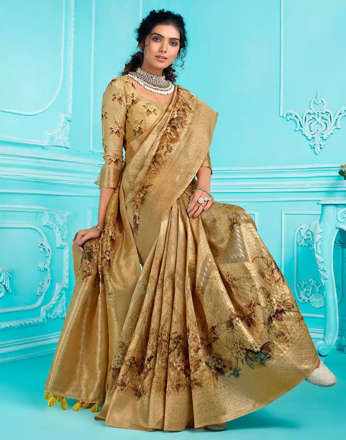 Image of Gold Organza digital Printed zari weaving Saree