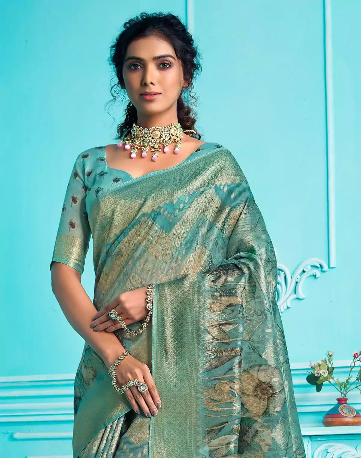 Image of Rama Blue Floral digital Print Organza Saree