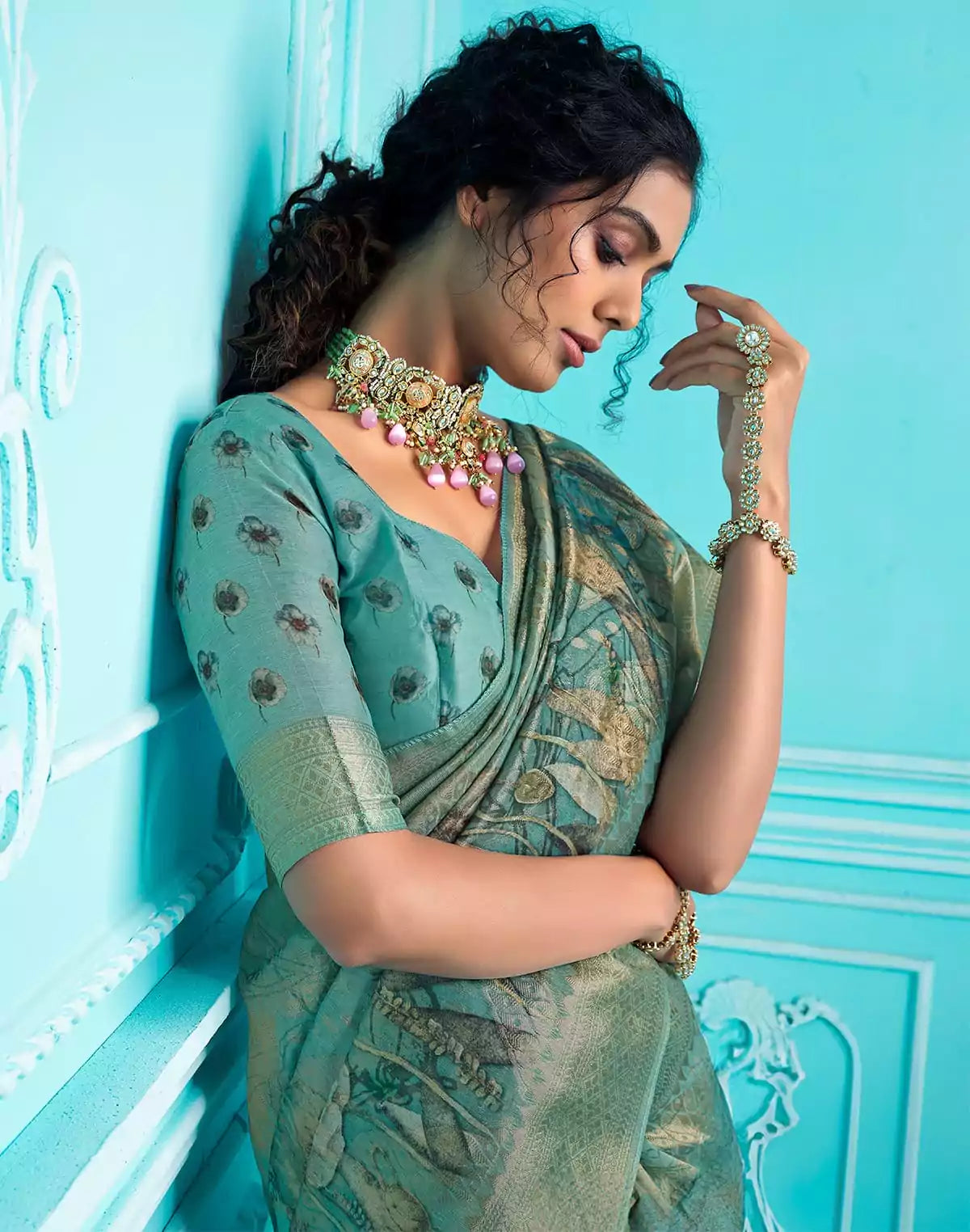 Image of Rama Blue Floral digital Print Organza Saree