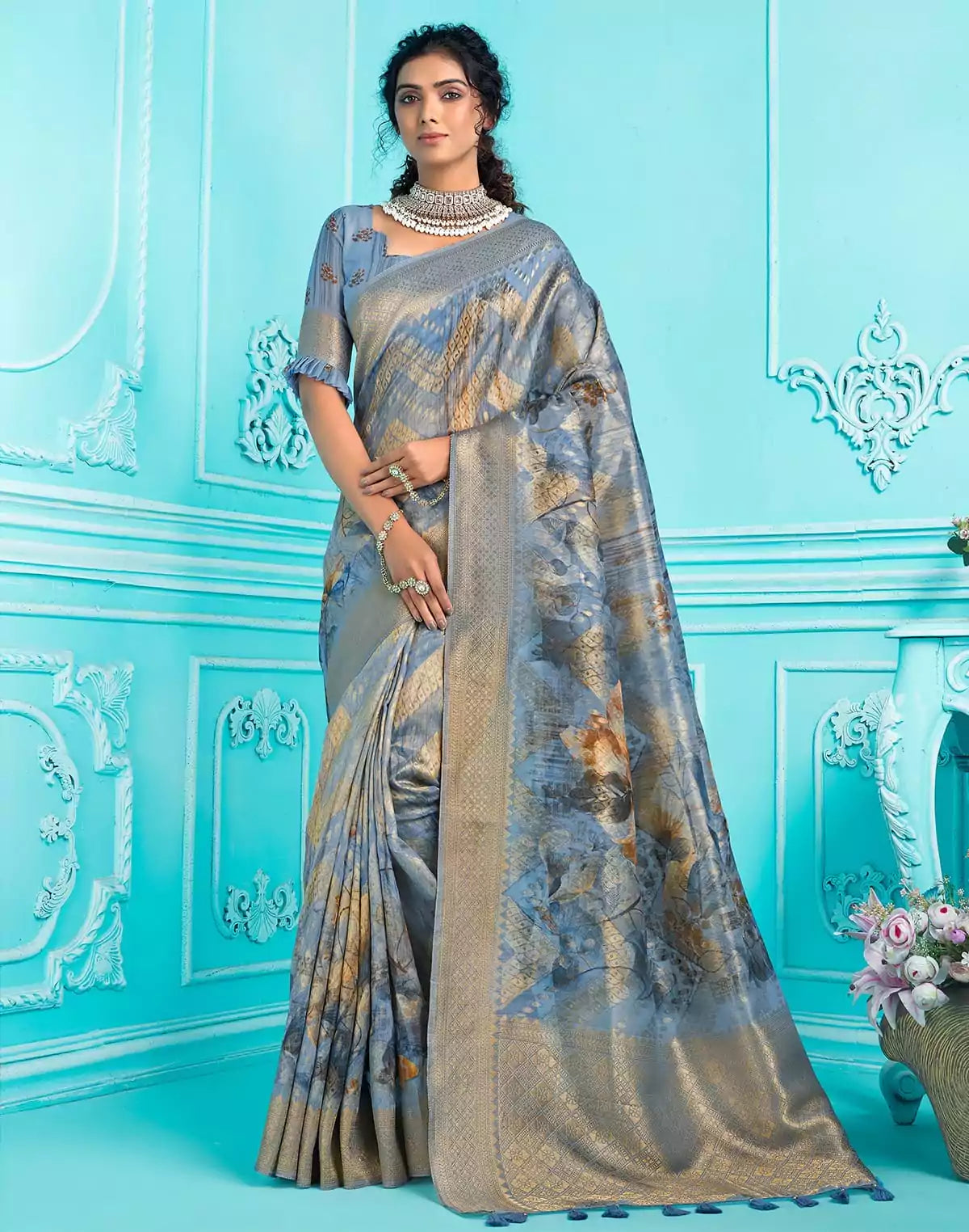 Image of Sky Blue Floral digital print with zari weaving Organza Saree